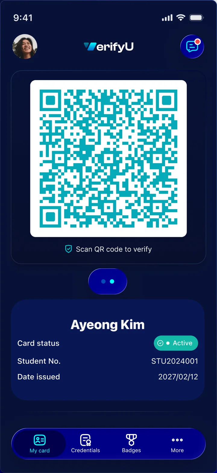 VerifyU app — QR code verification screen