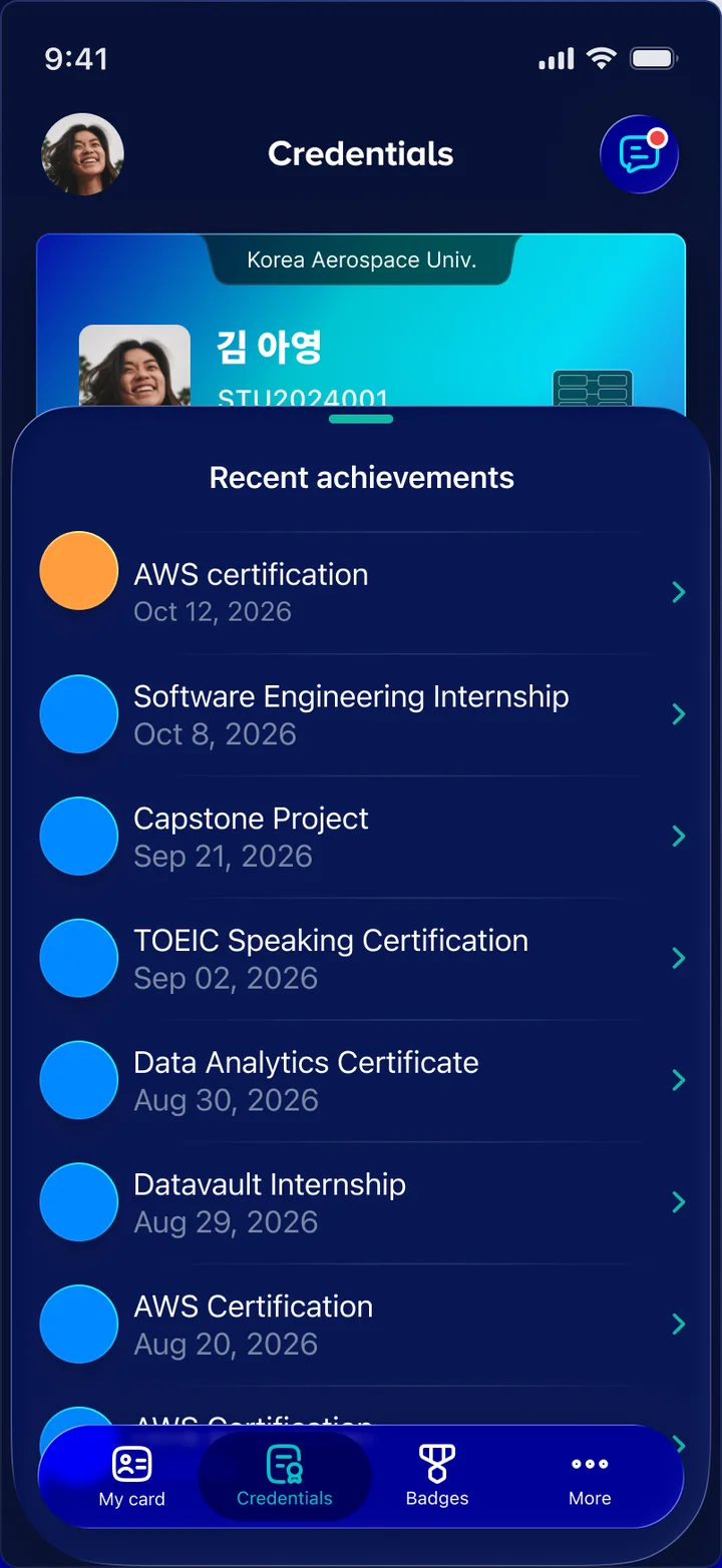 VerifyU app — recent achievements overlay