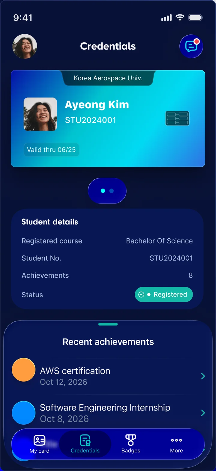 VerifyU app — credentials and student details screen